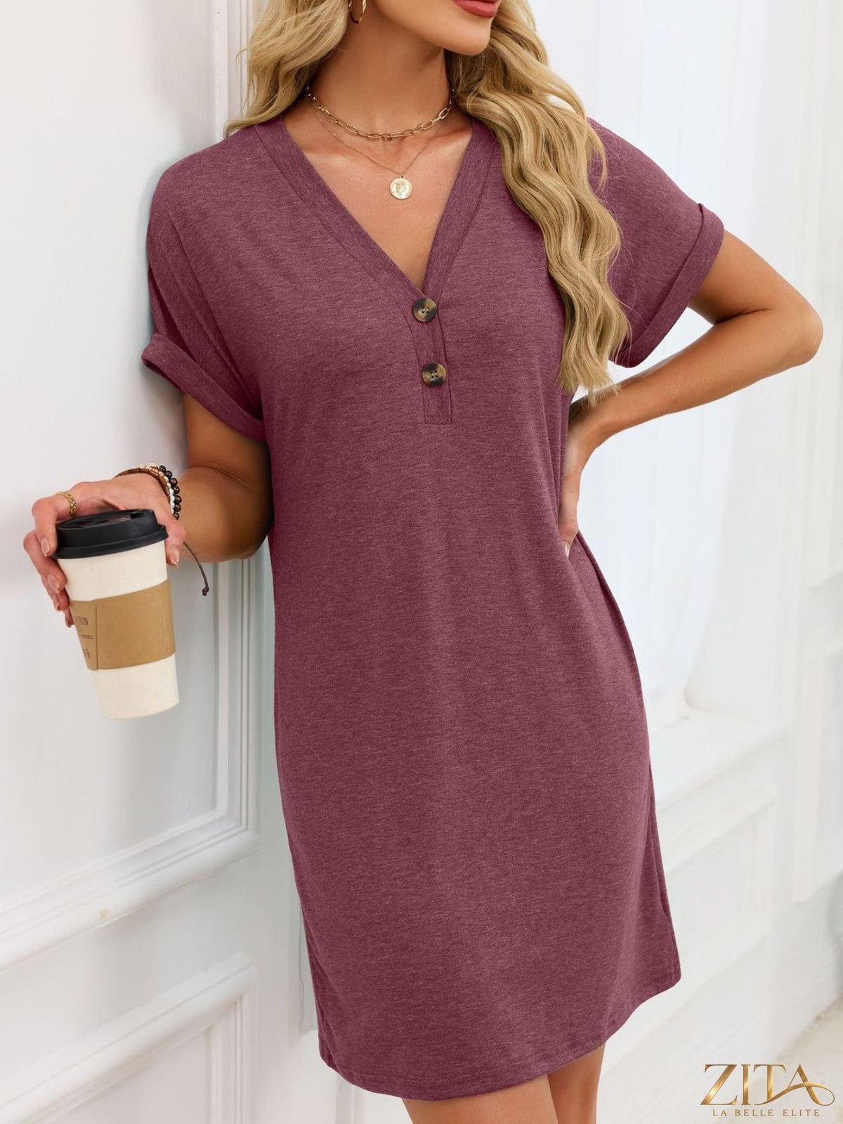 Zita La Belle Elite casual V-neck short sleeve T-shirt dress in soft fabric, displayed on a model with a relaxed fit and simple design.