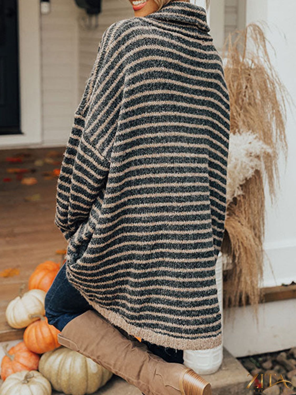 Zita La Belle Elite striped turtleneck sweater with front pockets, cozy knit design in various colors.