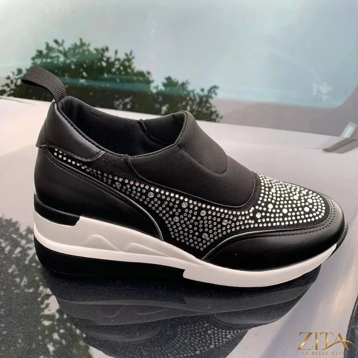Rhinestone embellished wedge sneakers by Zita La Belle Elite featuring sparkly rhinestones and comfortable wedge heel.