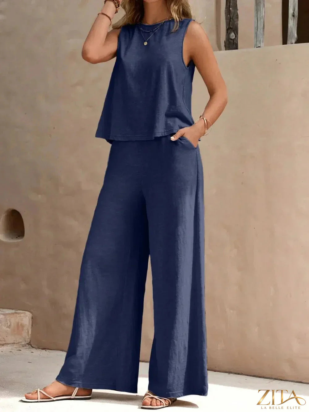 Zita La Belle Elite round neck sleeveless top and wide-leg pants set, stylish casual outfit on a model.