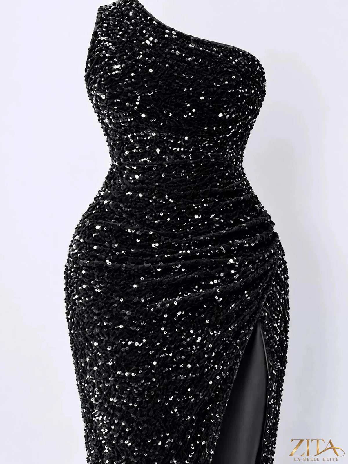 Zita La Belle Elite one-shoulder ruched sequin evening dress with high slit, elegant design for formal occasions