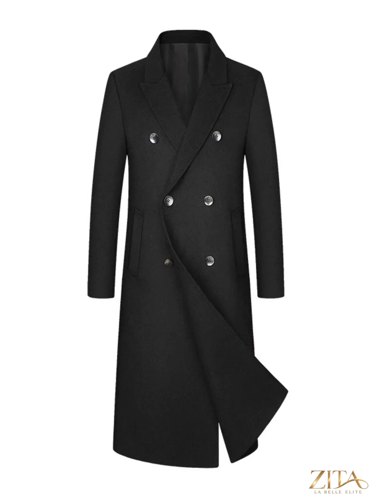 Men's plus size double-breasted longline coat by Zita La Belle Elite, shown in dark fabric with a tailored fit and classic collar.