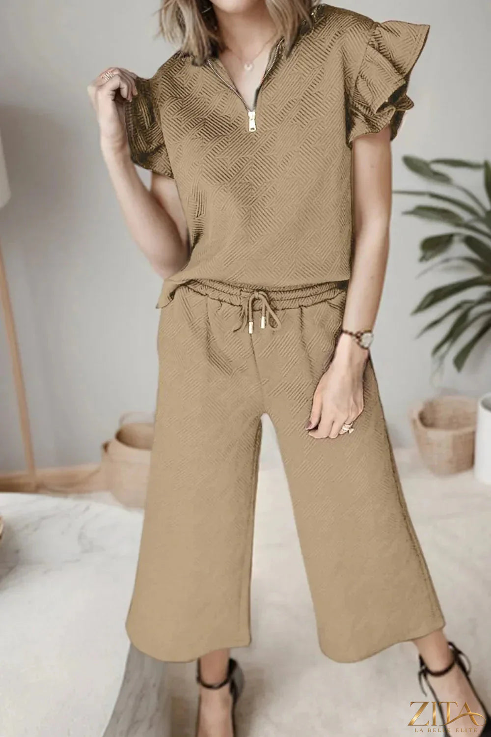 Zita La Belle Elite ruffled quarter zip top and drawstring pants set, casual loungewear with ruffle details and comfortable fit.