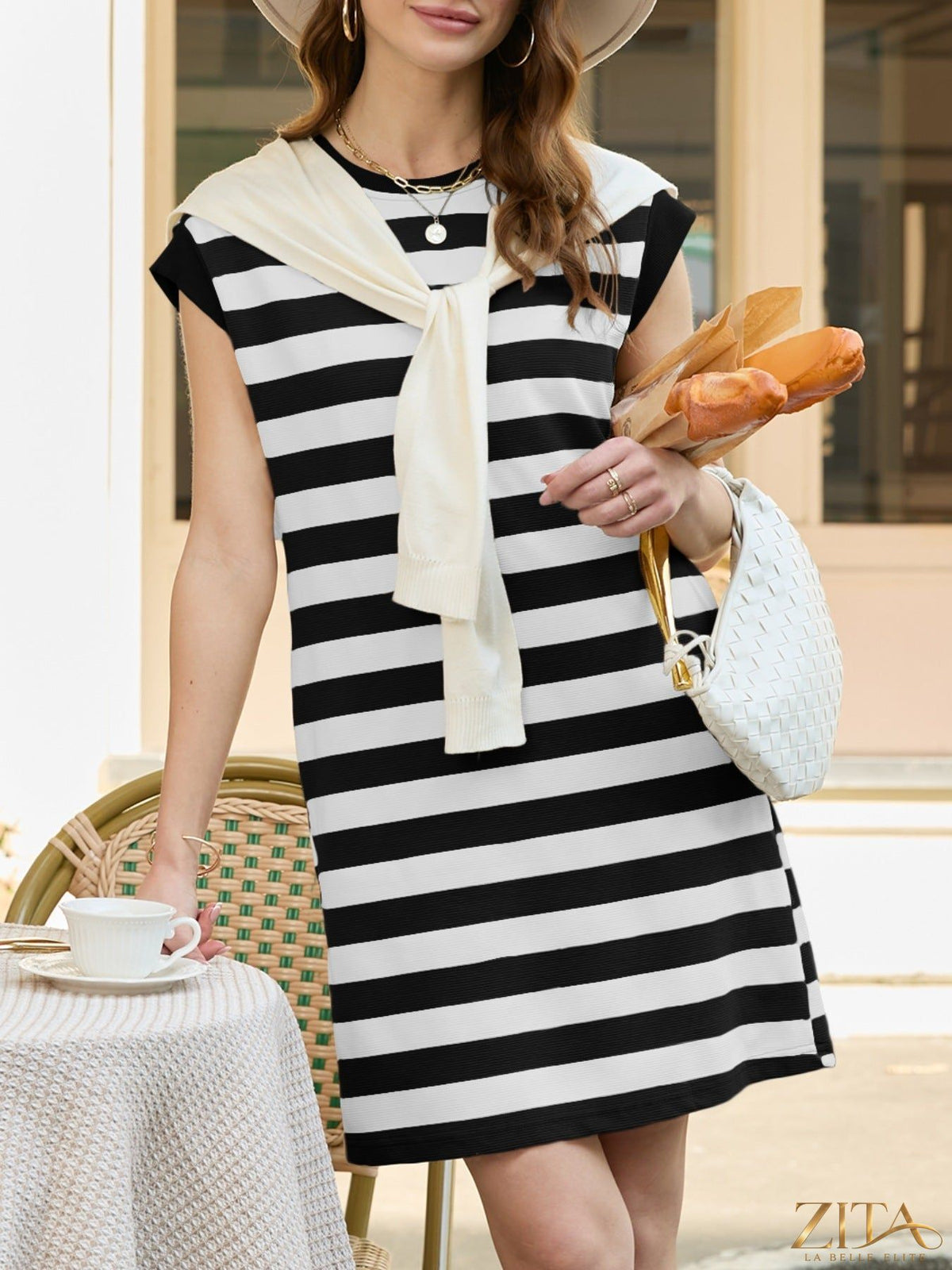 Zita La Belle Elite casual striped cap sleeve T-shirt dress with a relaxed fit and knee-length design.