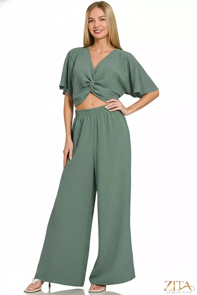 Zenana woven airflow twisted top and wide-leg pants set by Zita La Belle Elite, featuring breathable fabric and stylish design.