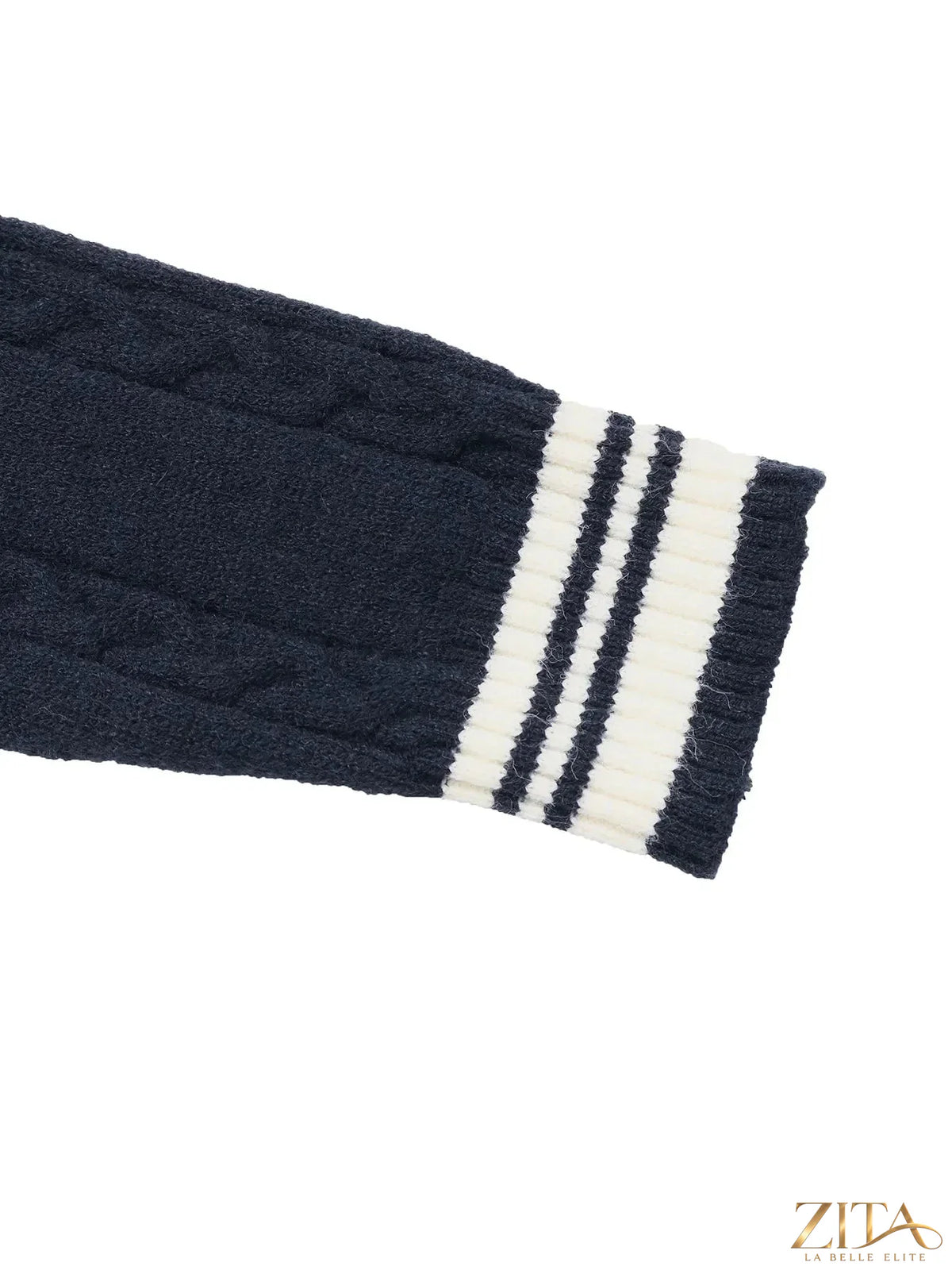 Zita La Belle Elite contrast striped V-neck sweater in black and white, showcasing a cozy knit fabric and stylish design.