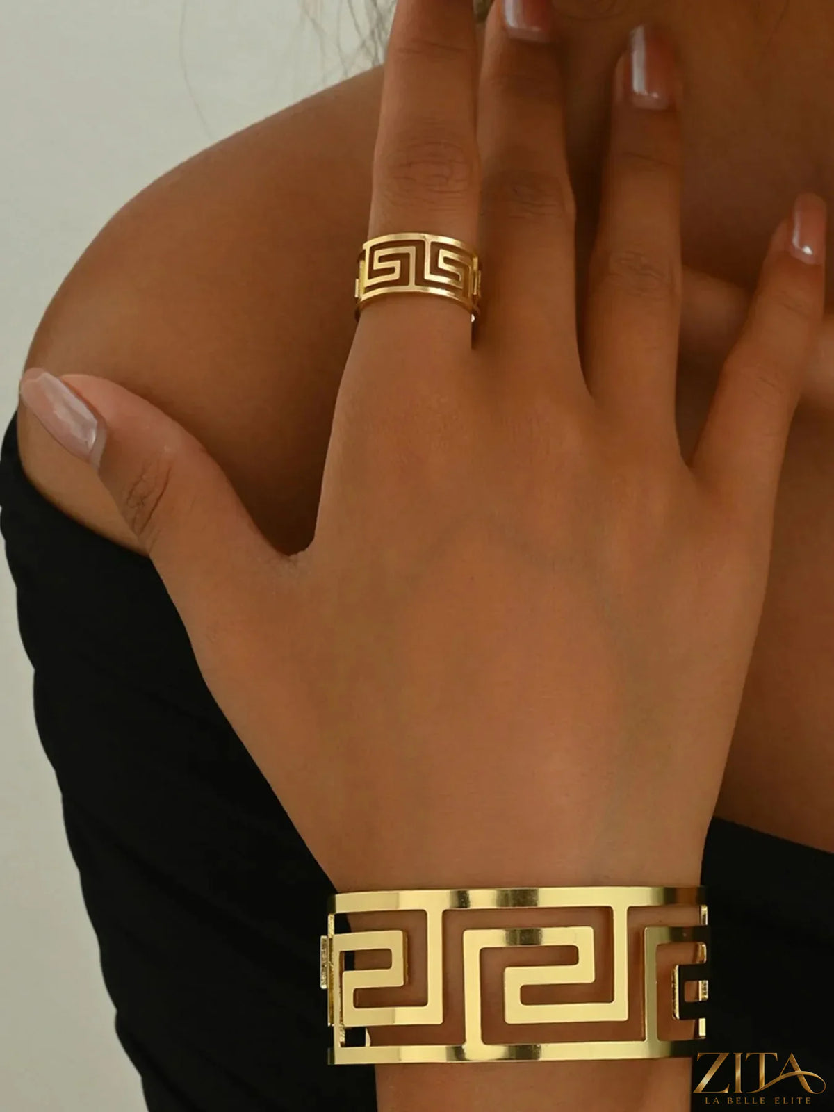 18K gold-plated geometric bracelet and ring set by Zita La Belle Elite, featuring modern angular designs and sleek finishes.