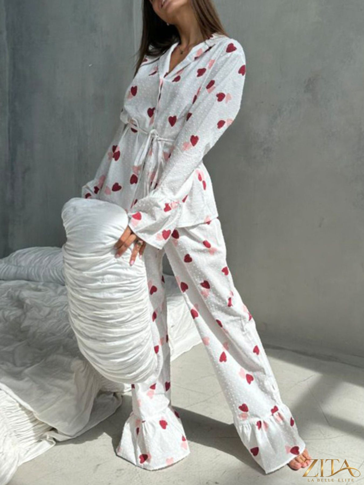 Zita La Belle Elite heart print long sleeve and pants lounge set, cozy and stylish for relaxed wear, featuring a matching heart pattern.