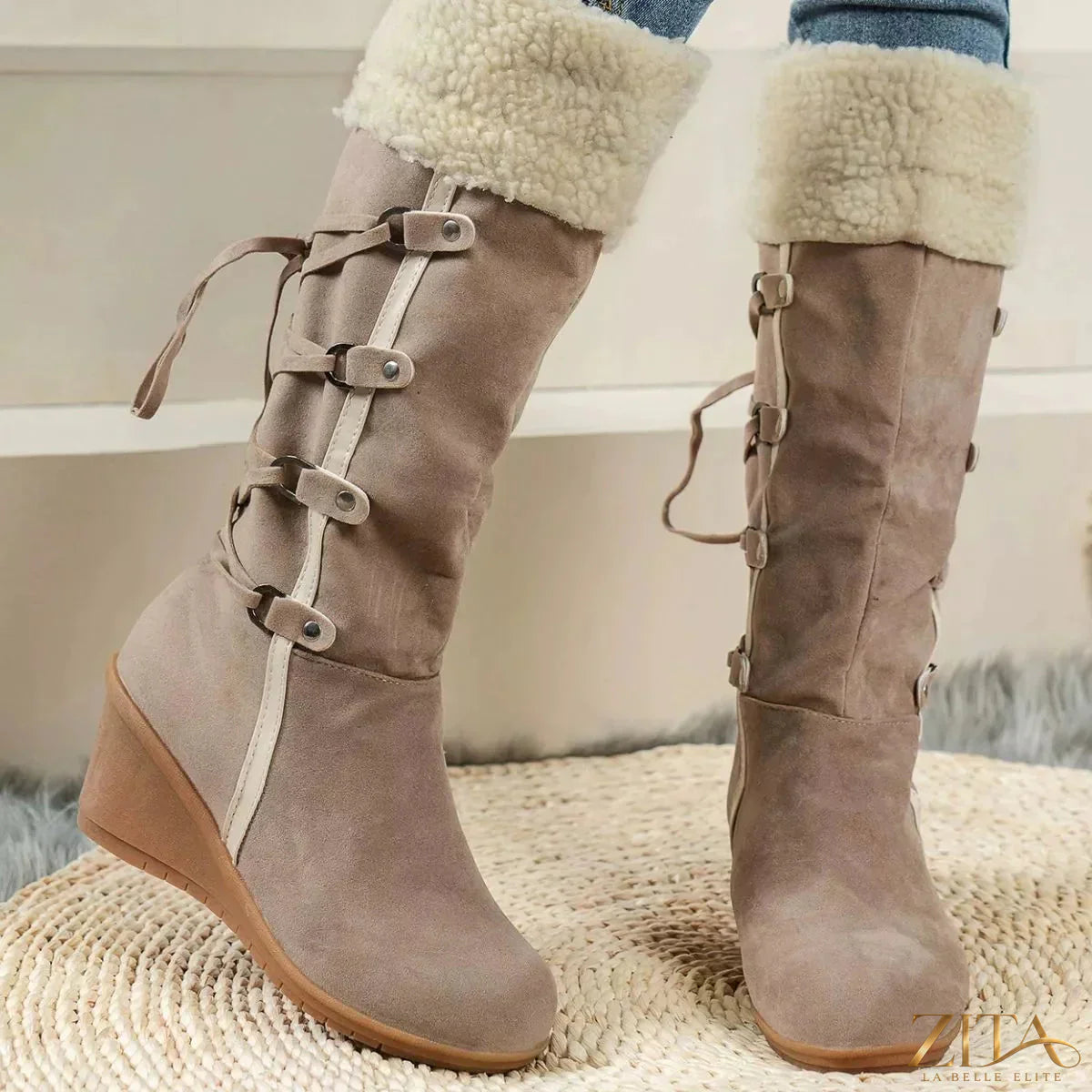 Zita La Belle Elite round toe wedge boots in black leather with chunky heel and stylish design.