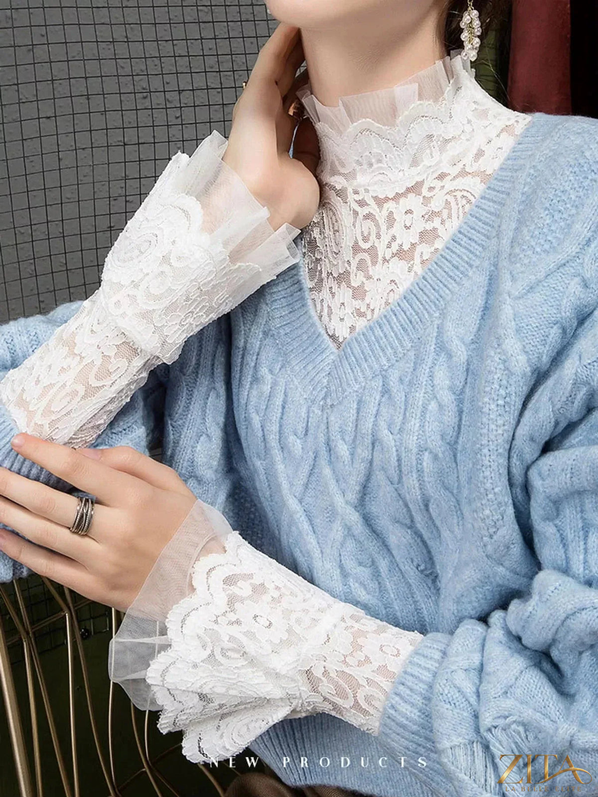 Plus size Zita La Belle Elite lace mock neck long sleeve blouse, full size, showcasing intricate lace details and elegant fit.