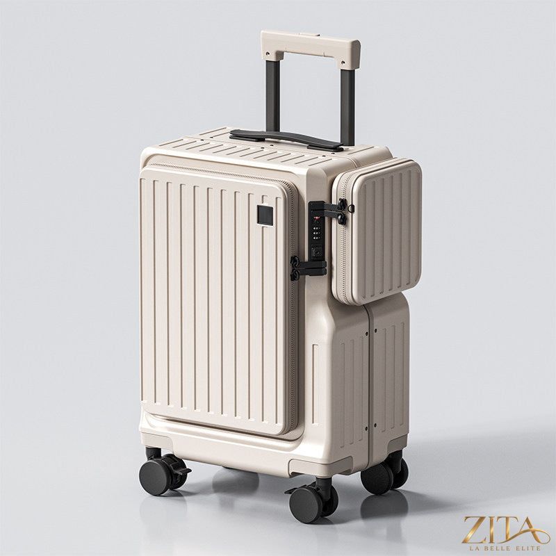 Zita La Belle Elite front-opening 20-inch carry-on suitcase with durable hard shell and side handle for travel convenience.