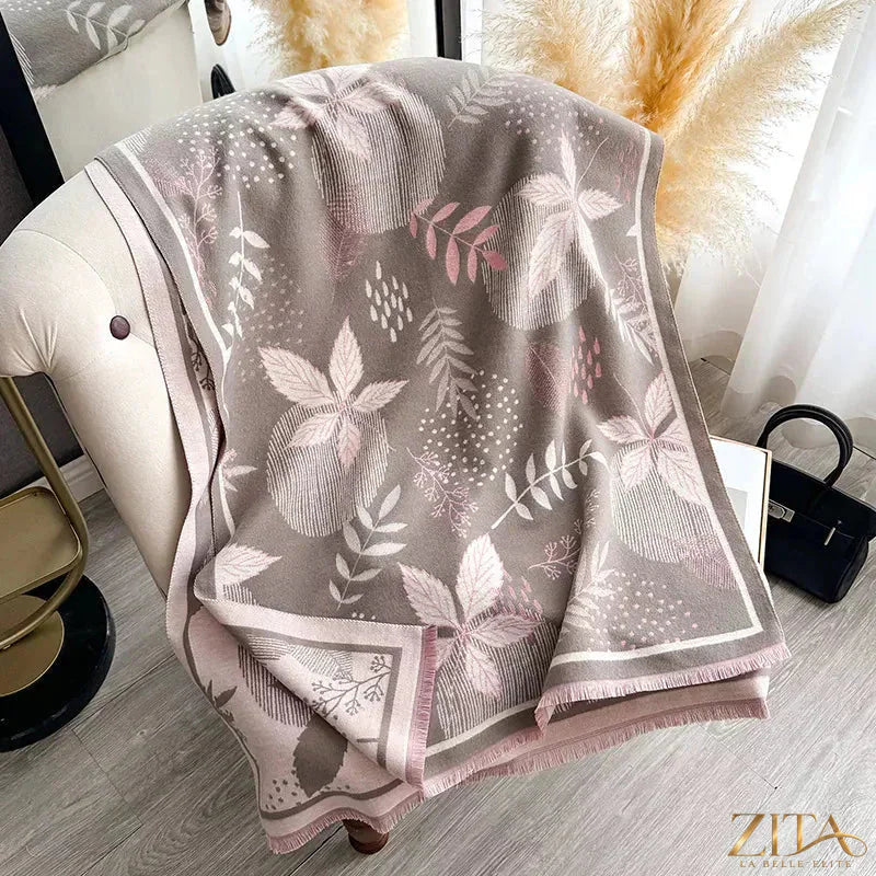 Printed raw hem scarf by Zita La Belle Elite, showcasing lightweight fabric with a colorful abstract pattern and frayed edges.