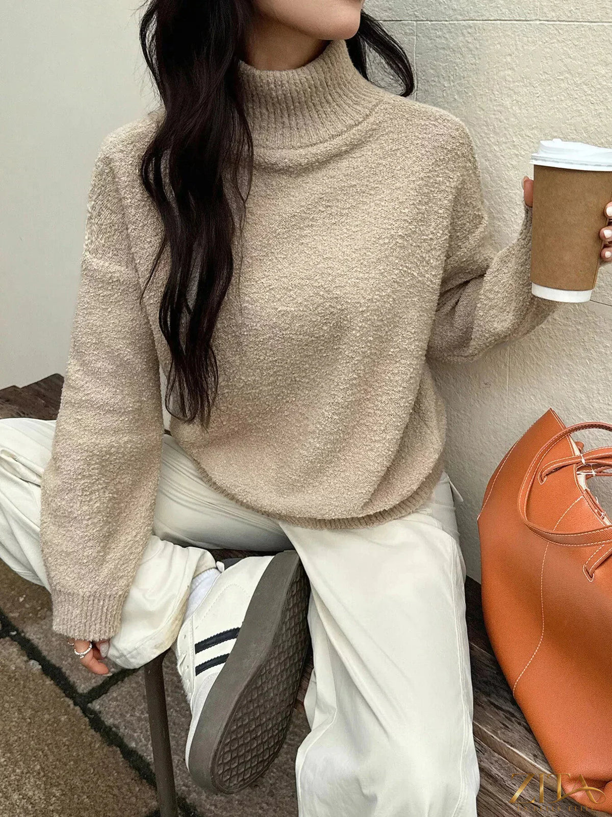 Zita La Belle Elite long sleeve turtleneck sweater in soft knit fabric, shown in a classic fit with ribbed collar and cuffs.