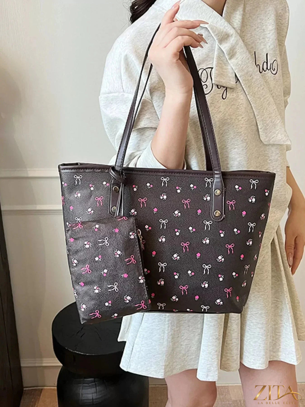 Printed tote shoulder bag with pouch by Zita La Belle Elite, showcasing a stylish design and spacious interior for everyday use.