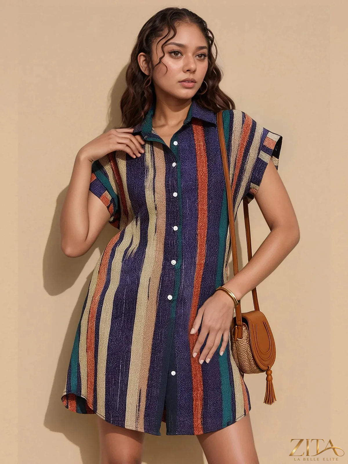 Zita La Belle Elite striped button-front shirt dress with long sleeves and a classic collar, styled with a relaxed fit.