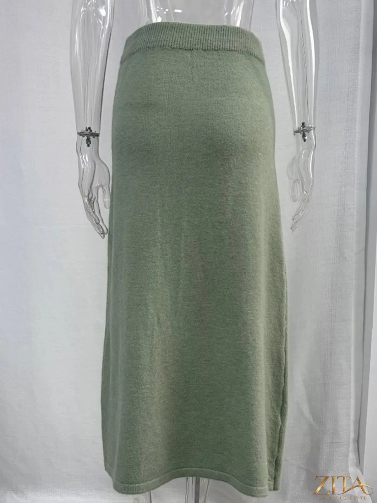 Zita La Belle Elite zip-up mock neck cardigan and matching midi skirt sweater set, in soft knit fabric, on a model.