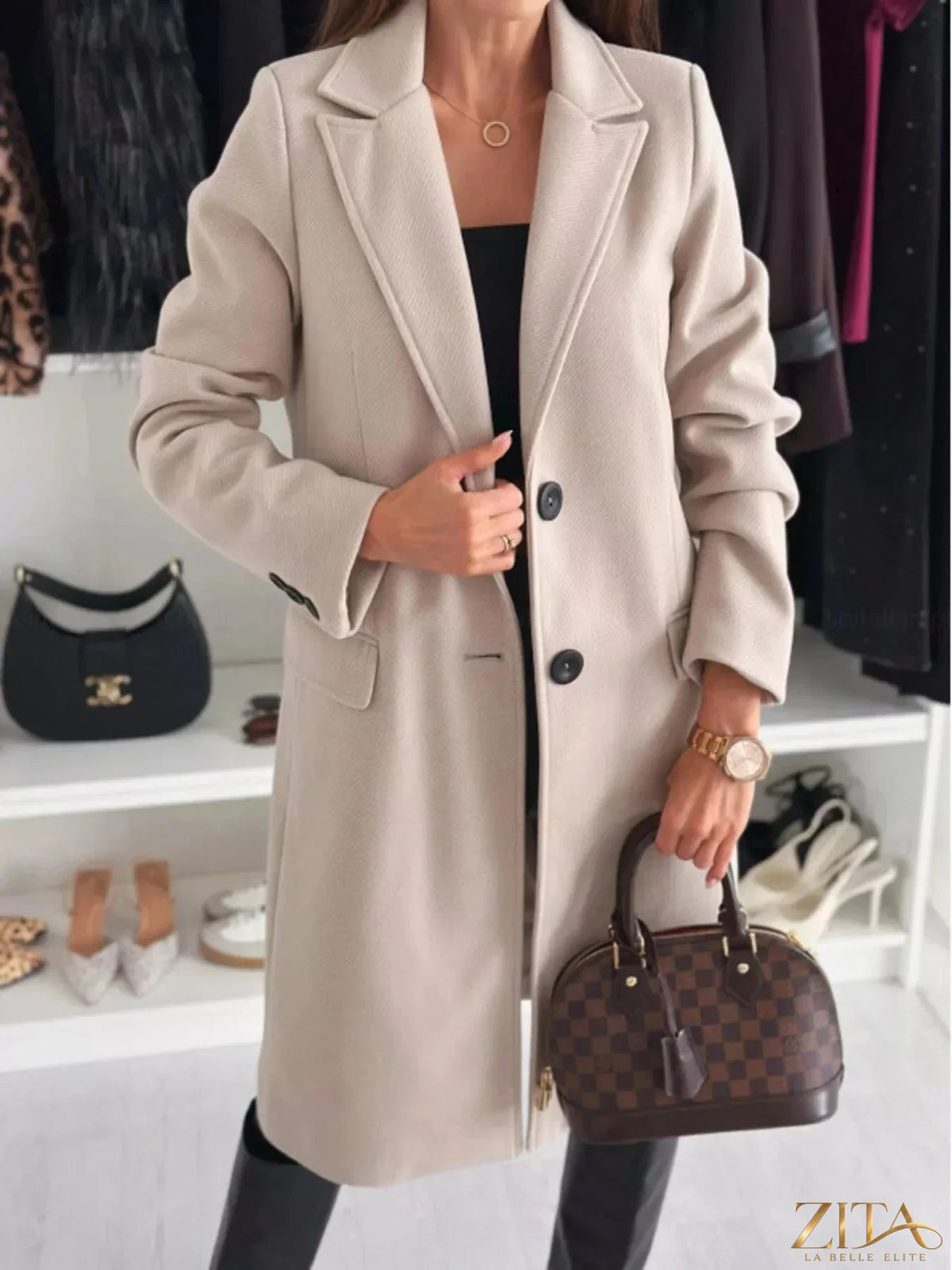 Zita La Belle Elite lapel collar long sleeve coat in neutral color, stylish outerwear with tailored fit and elegant design.