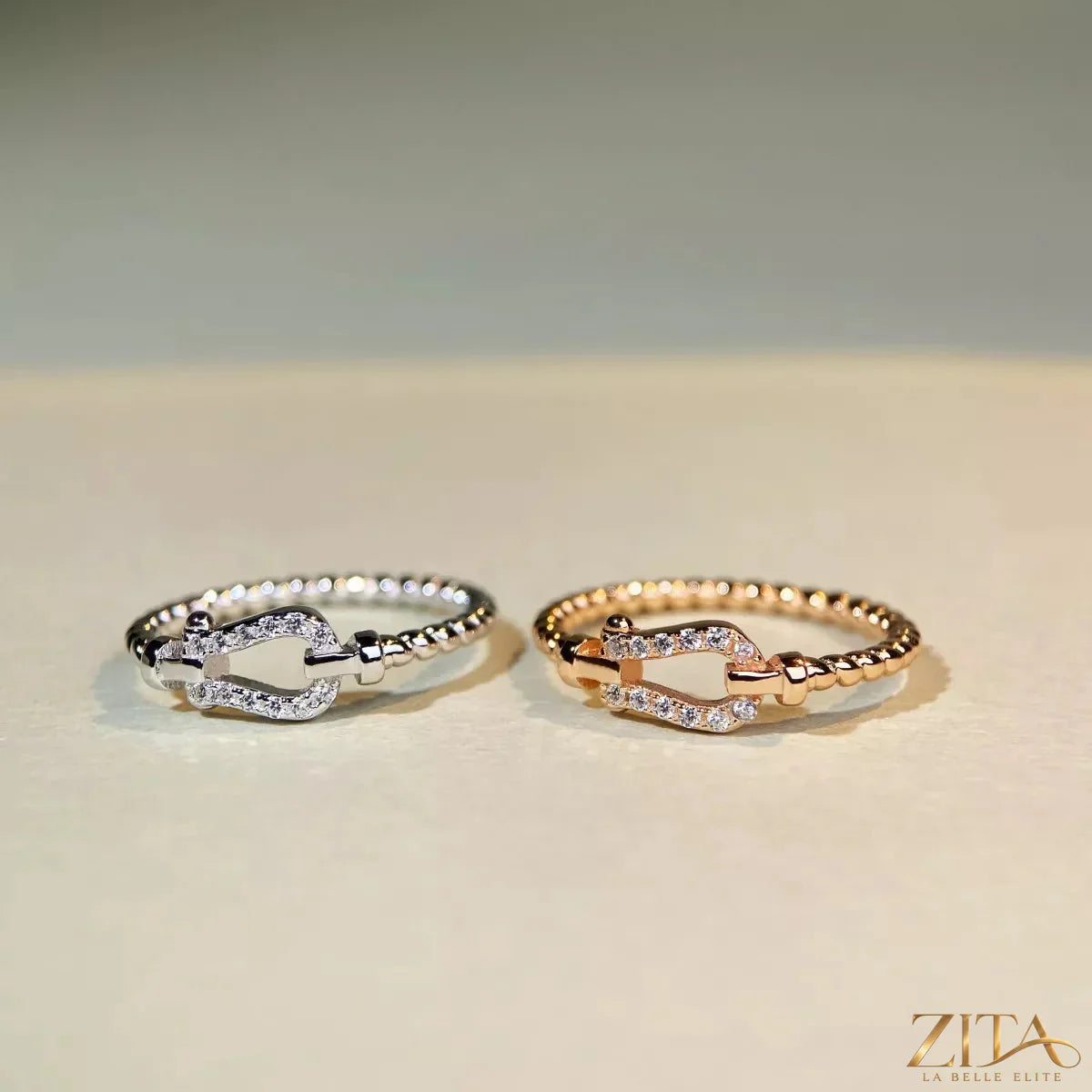 925 Sterling Silver Zircon Horseshoe Shaped Ring by Zita La Belle Elite, featuring a sparkling zircon stone and a unique horseshoe design
