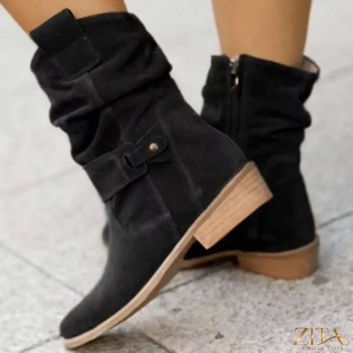 Zita La Belle Elite suede mid-calf boots with block heels, stylish and comfortable footwear for fall and winter.