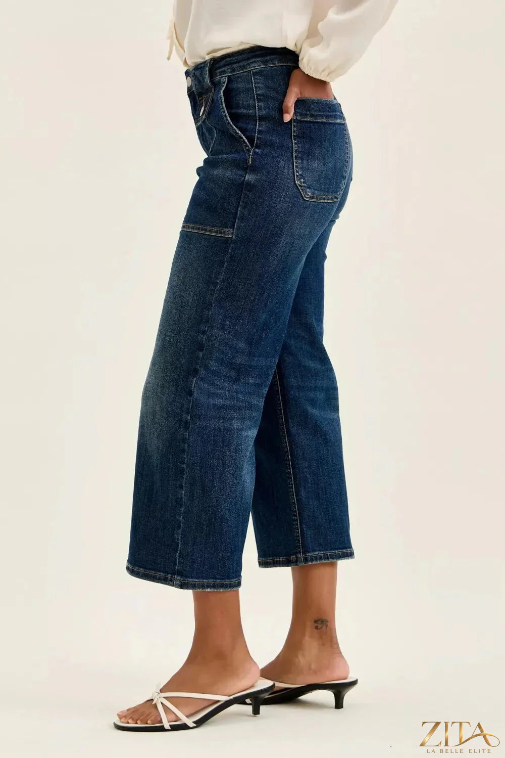 Zita La Belle Elite Judy Blue high waist wide crop utility jeans with patch pockets, denim with stylish distressed details