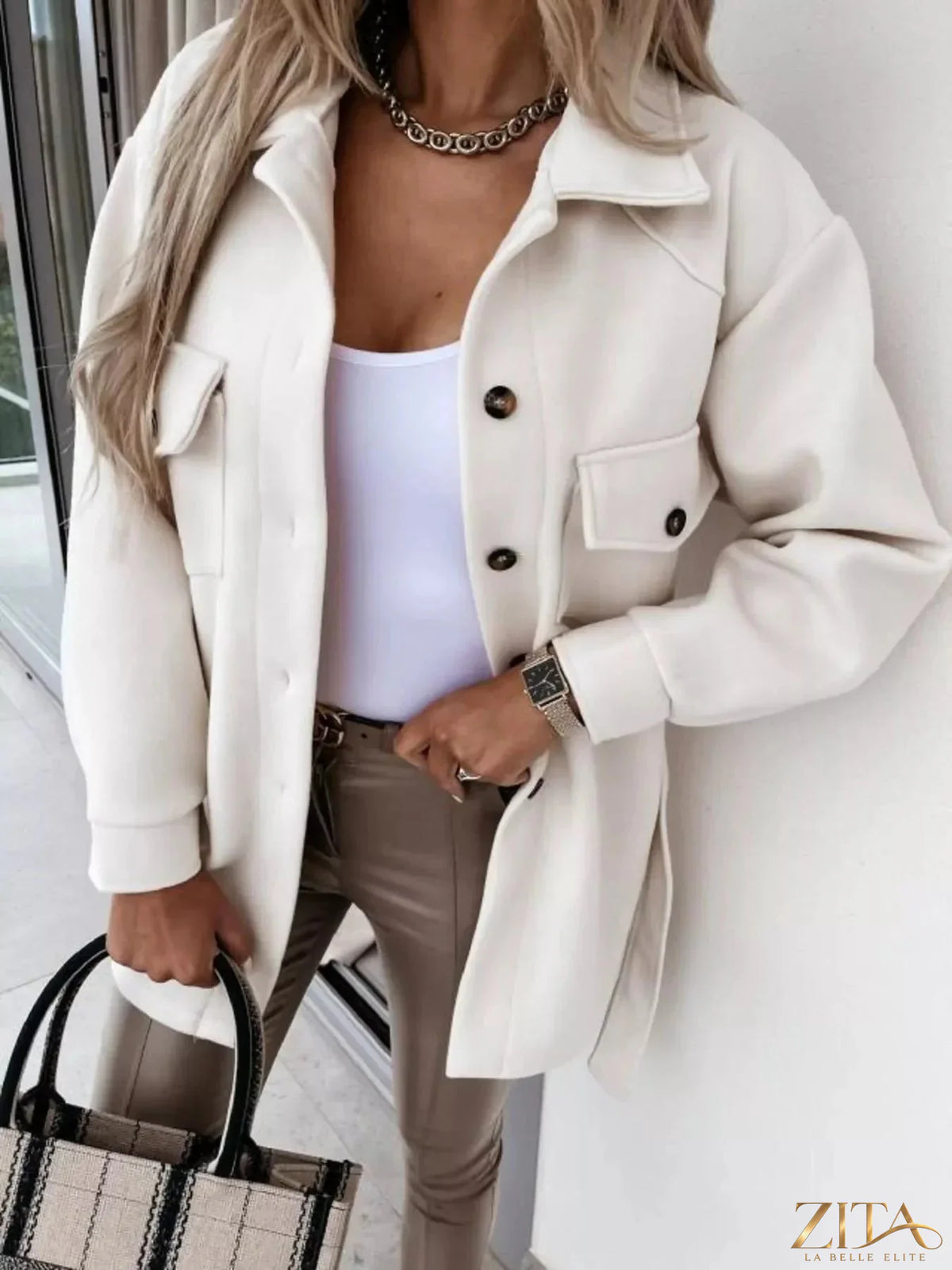 Zita La Belle Elite button-down tie waist coat in neutral fabric, featuring a classic collar and front buttons.