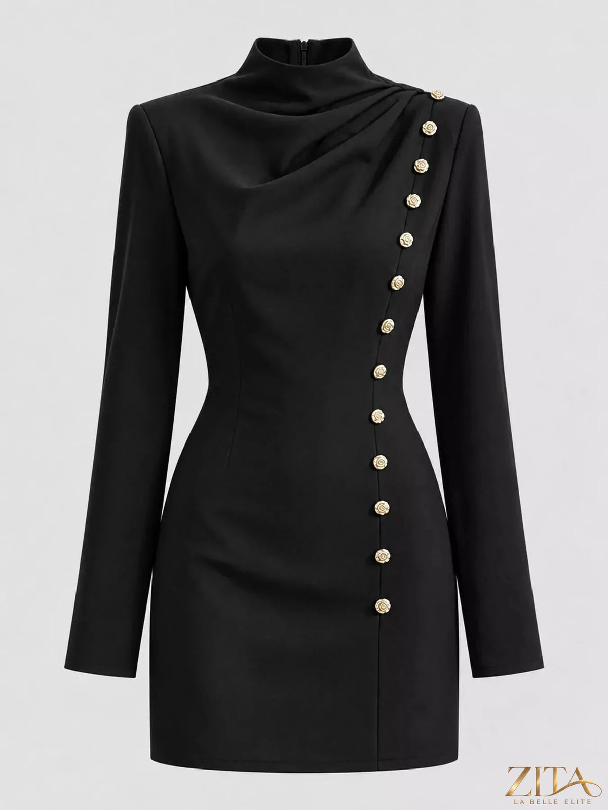 Plus size Zita La Belle Elite decorative button mock neck mini dress, full length with long sleeves and fitted silhouette.