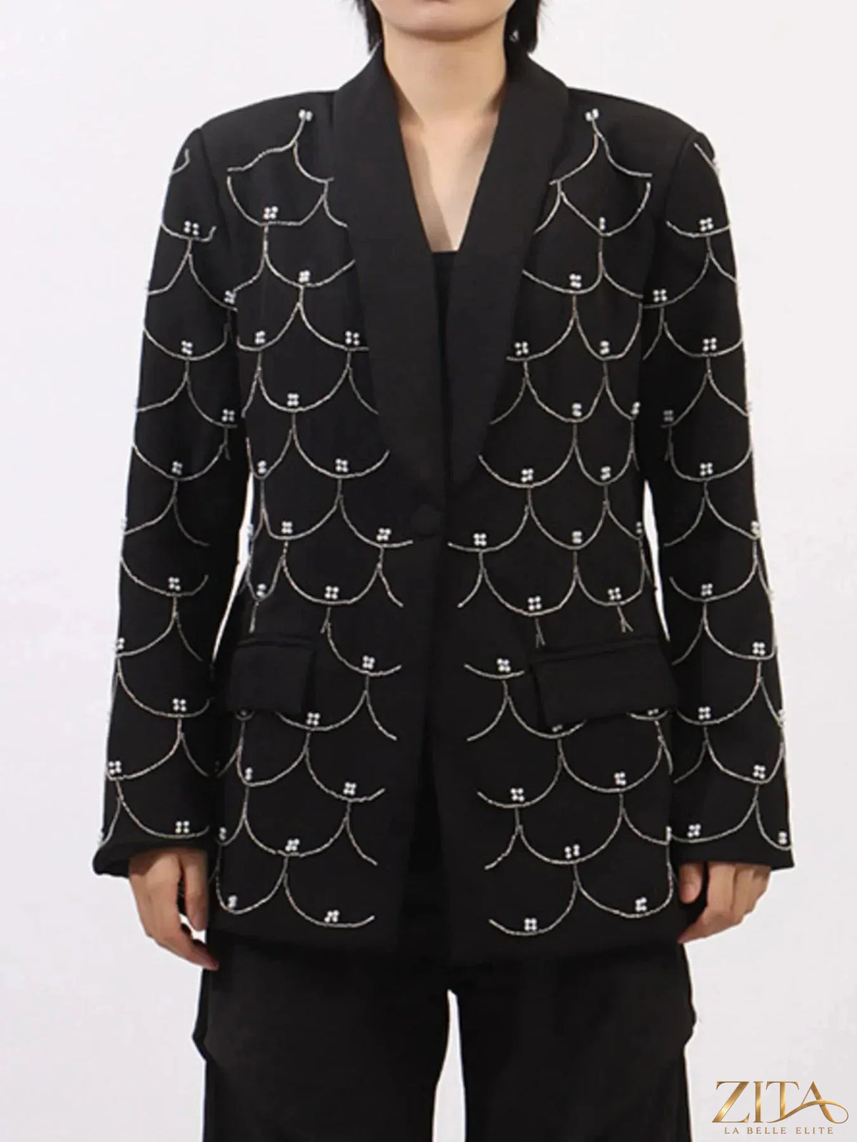 Zita La Belle Elite pearl detail long sleeve blazer featuring elegant design and tailored fit, shown in a stylish image.