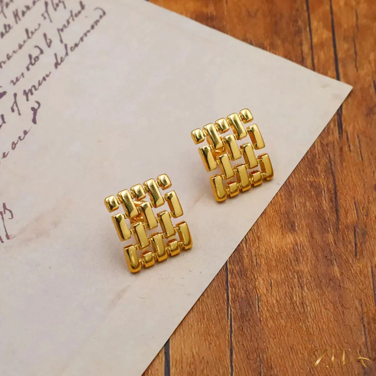 18K gold-plated geometric stud earrings by Zita La Belle Elite, featuring modern angular design and polished finish.