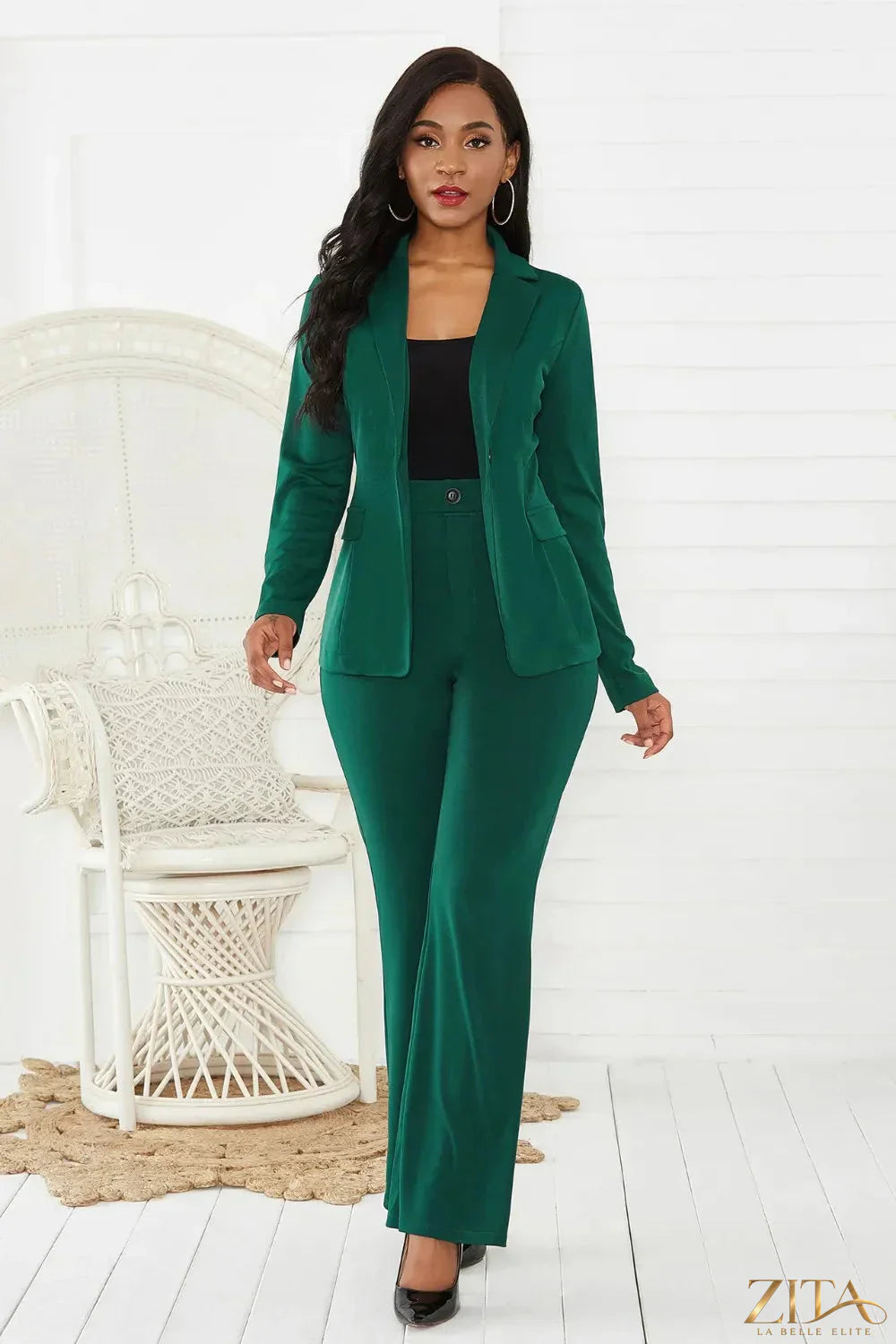 Zita La Belle Elite lapel collar long sleeve blazer and matching pants set, stylish formal wear with tailored fit.