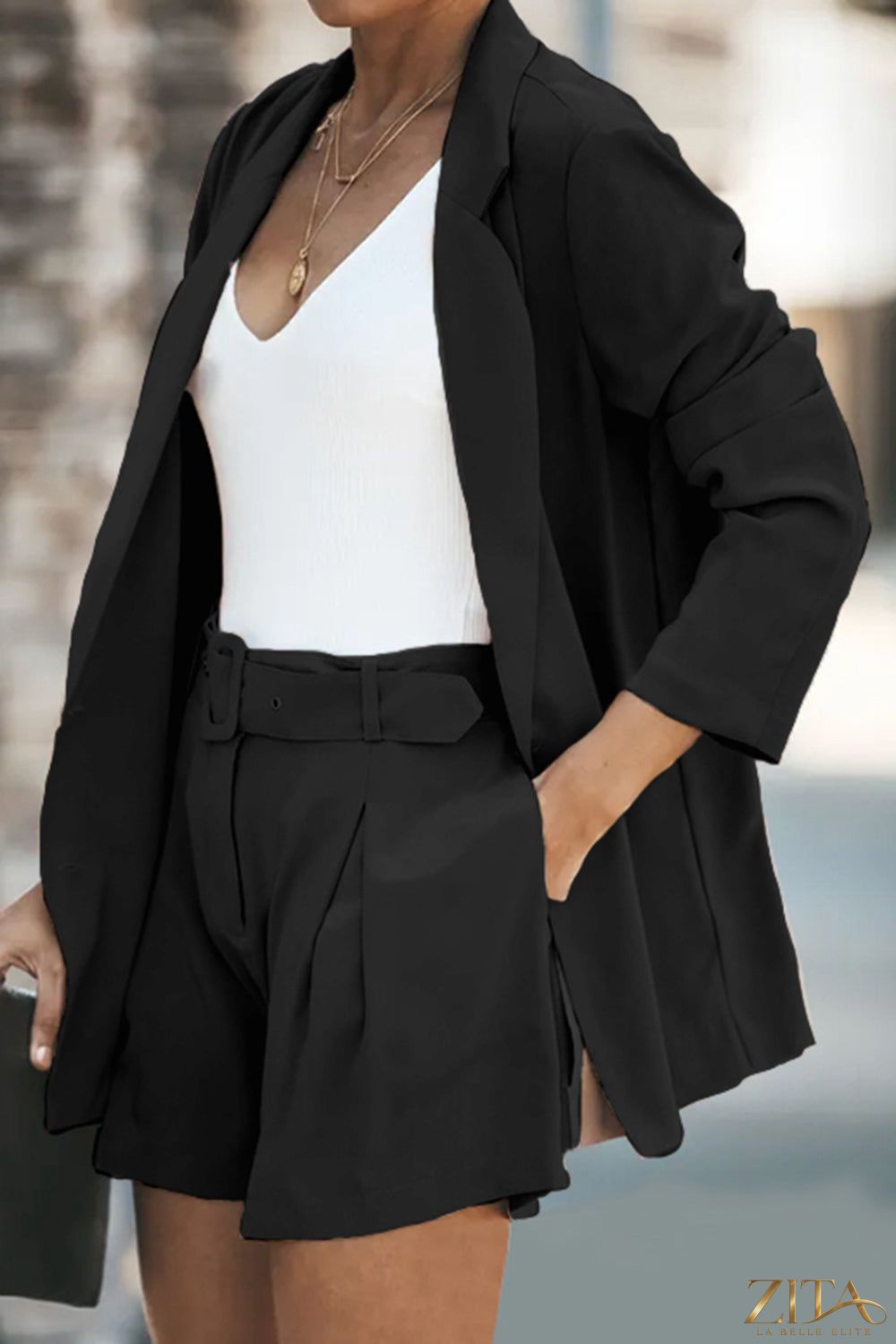 Zita La Belle Elite longline blazer and matching shorts set with pockets, stylish and tailored for a modern look