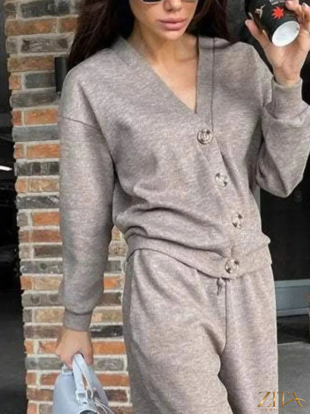 Zita La Belle Elite full size button-up long sleeve top and pants set, navy blue, casual and comfortable outfit for women.