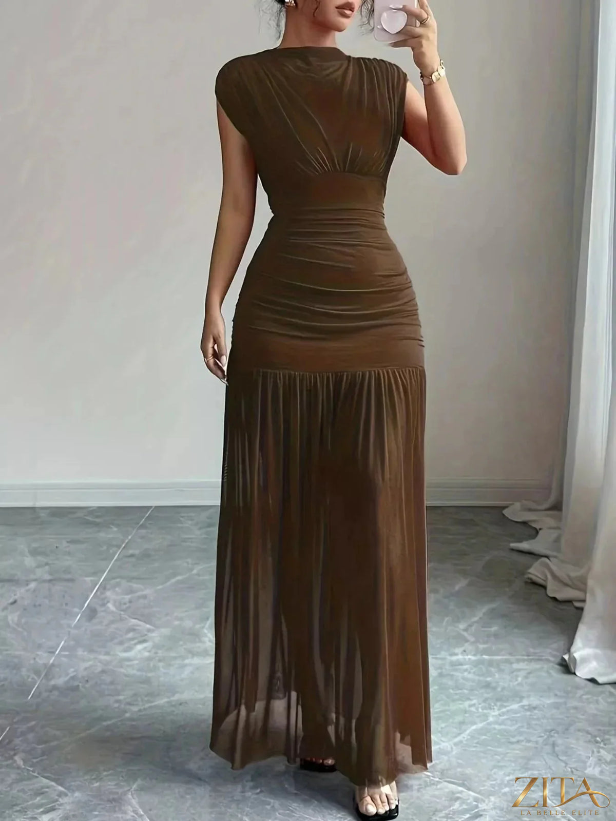 Zita La Belle Elite ruched black bodycon maxi dress with fitted silhouette and elegant design, perfect for formal occasions.
