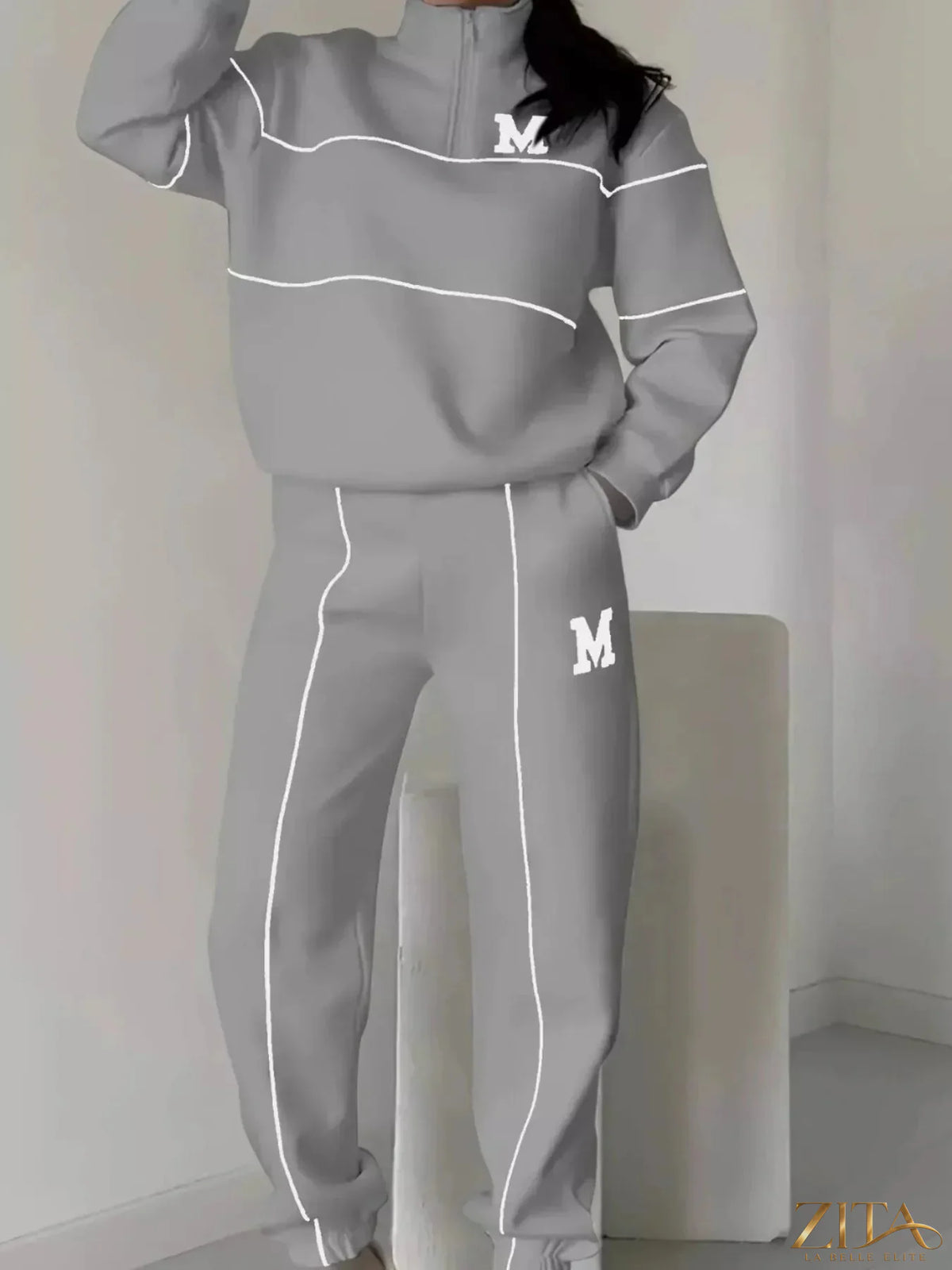 Plus size Zita La Belle Elite striped quarter zip top and pants set, full size loungewear with comfortable, casual style.