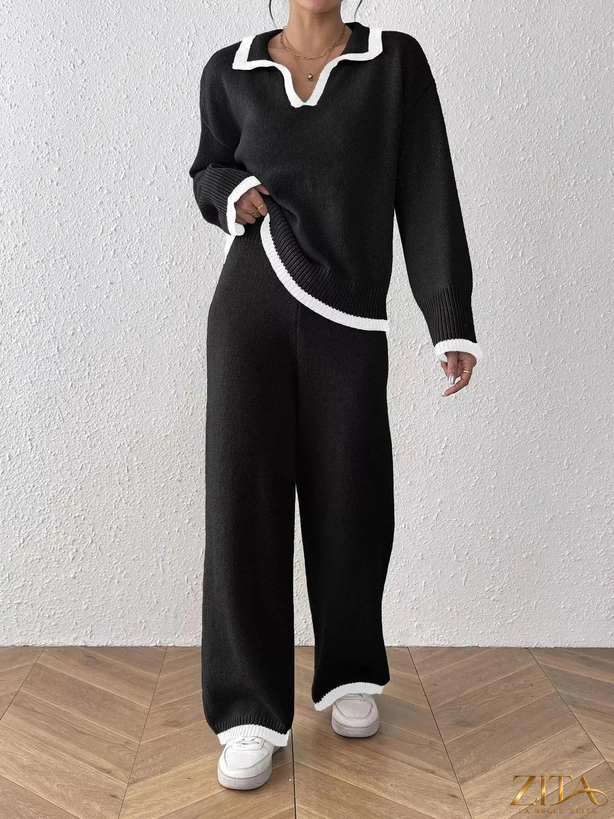 Zita La Belle Elite contrast trim polo collar top and pants sweater set, soft knit fabric, stylish casual loungewear ensemble.