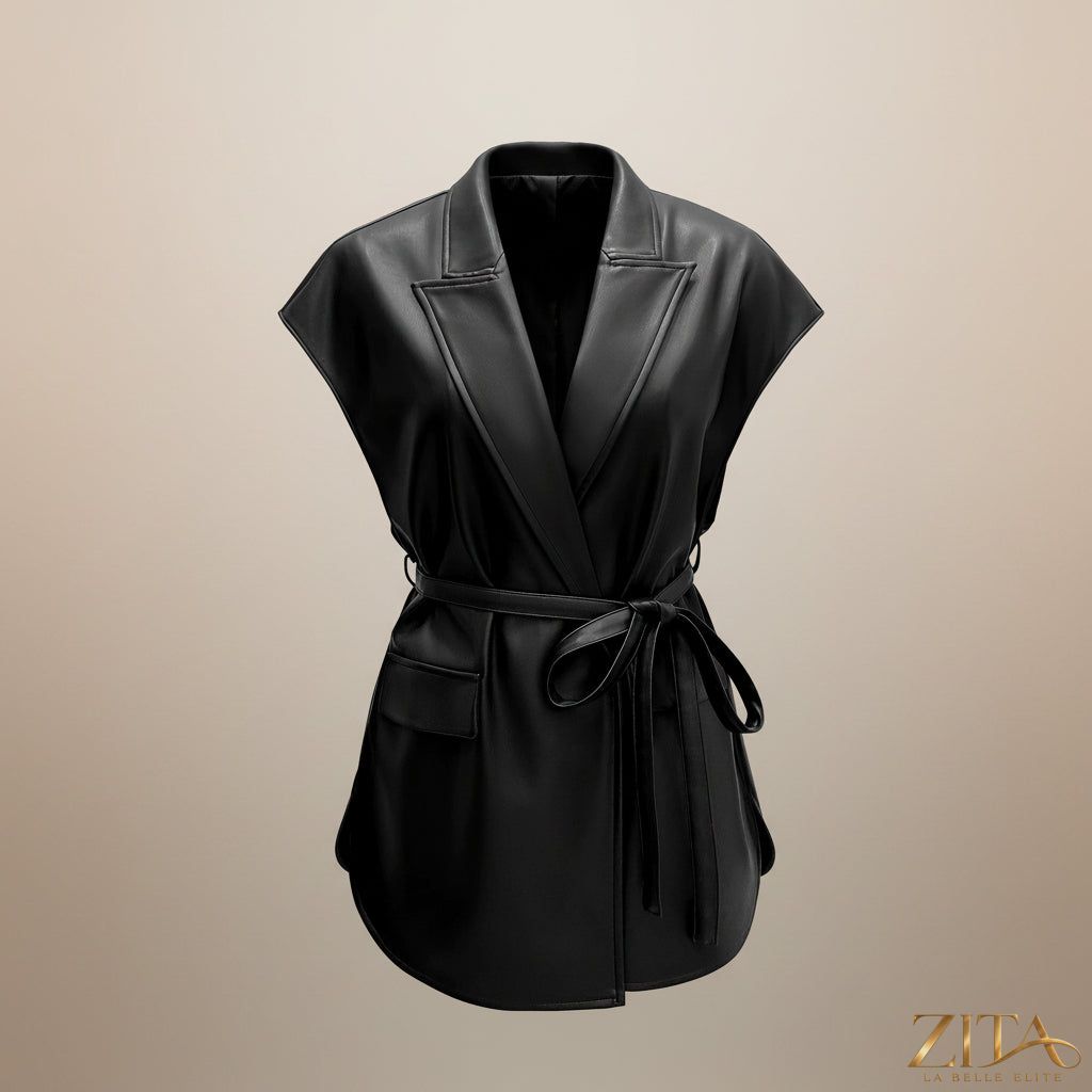 Zita La Belle Elite sleeveless faux leather vest jacket with tie waist, stylish for layered fashion and edgy looks.