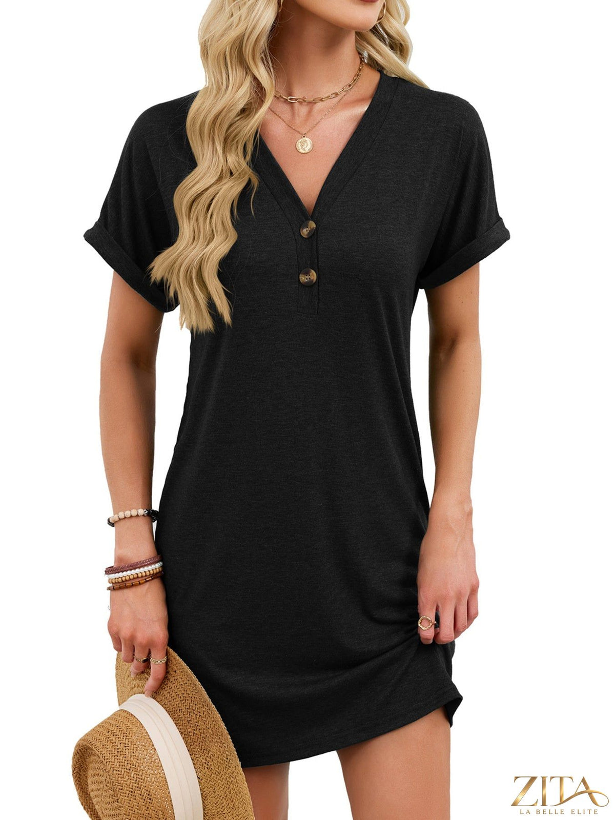 Zita La Belle Elite casual V-neck short sleeve T-shirt dress in soft fabric, relaxed fit, perfect for everyday wear.