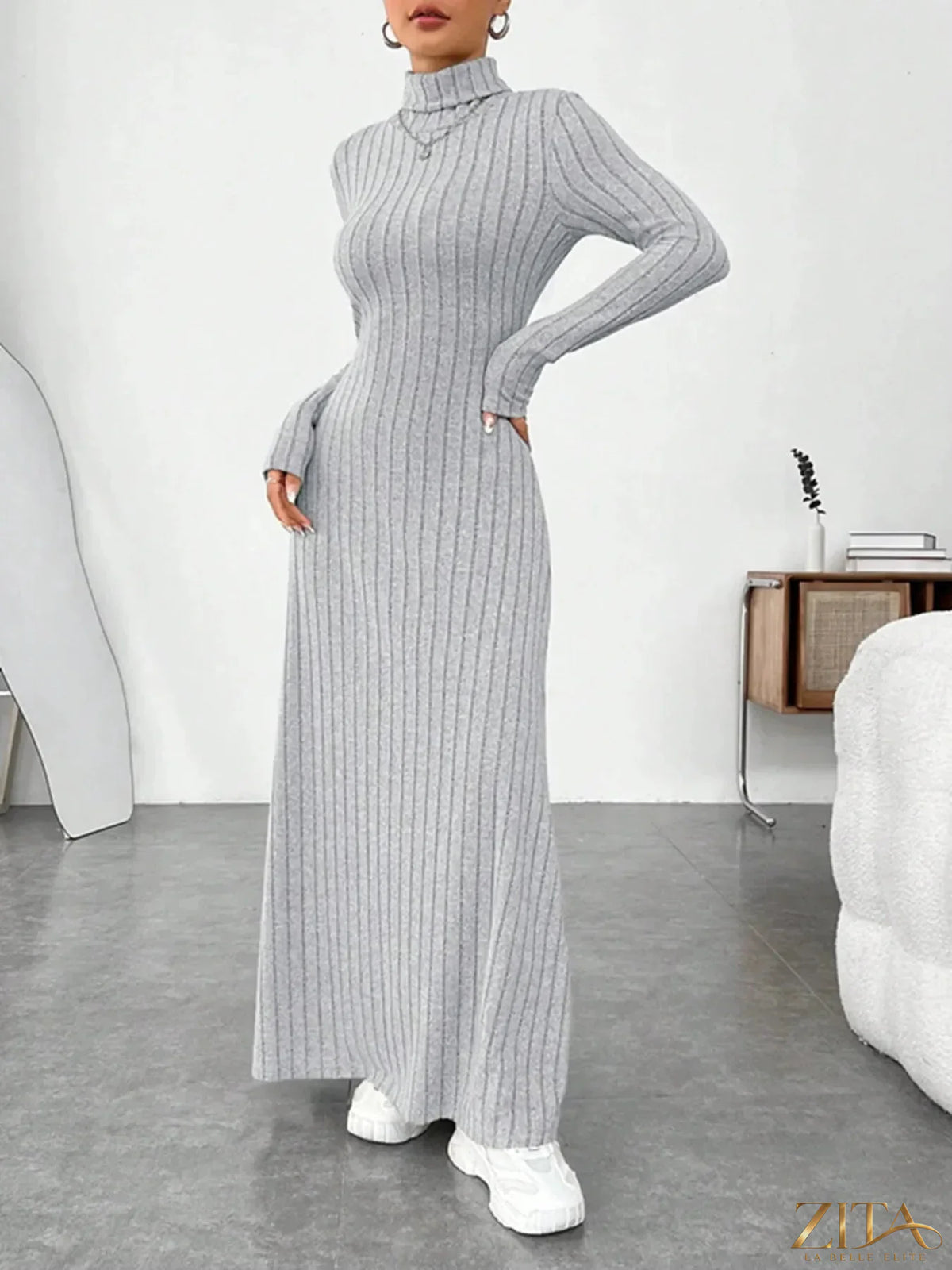 Ribbed turtleneck long sleeve maxi knit dress by Trendsi, featuring a fitted silhouette and ribbed texture in a cozy, stylish design.