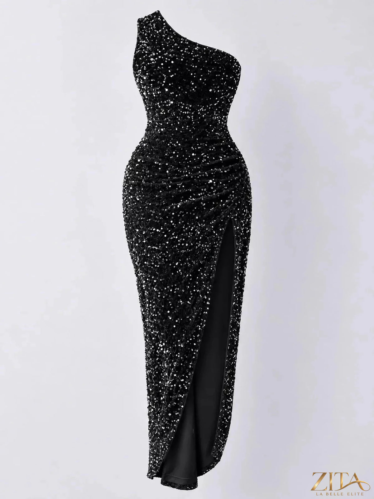 Zita La Belle Elite one-shoulder ruched sequin high-slit evening dress, elegant black gown with shimmering sequins and thigh-high slit.
