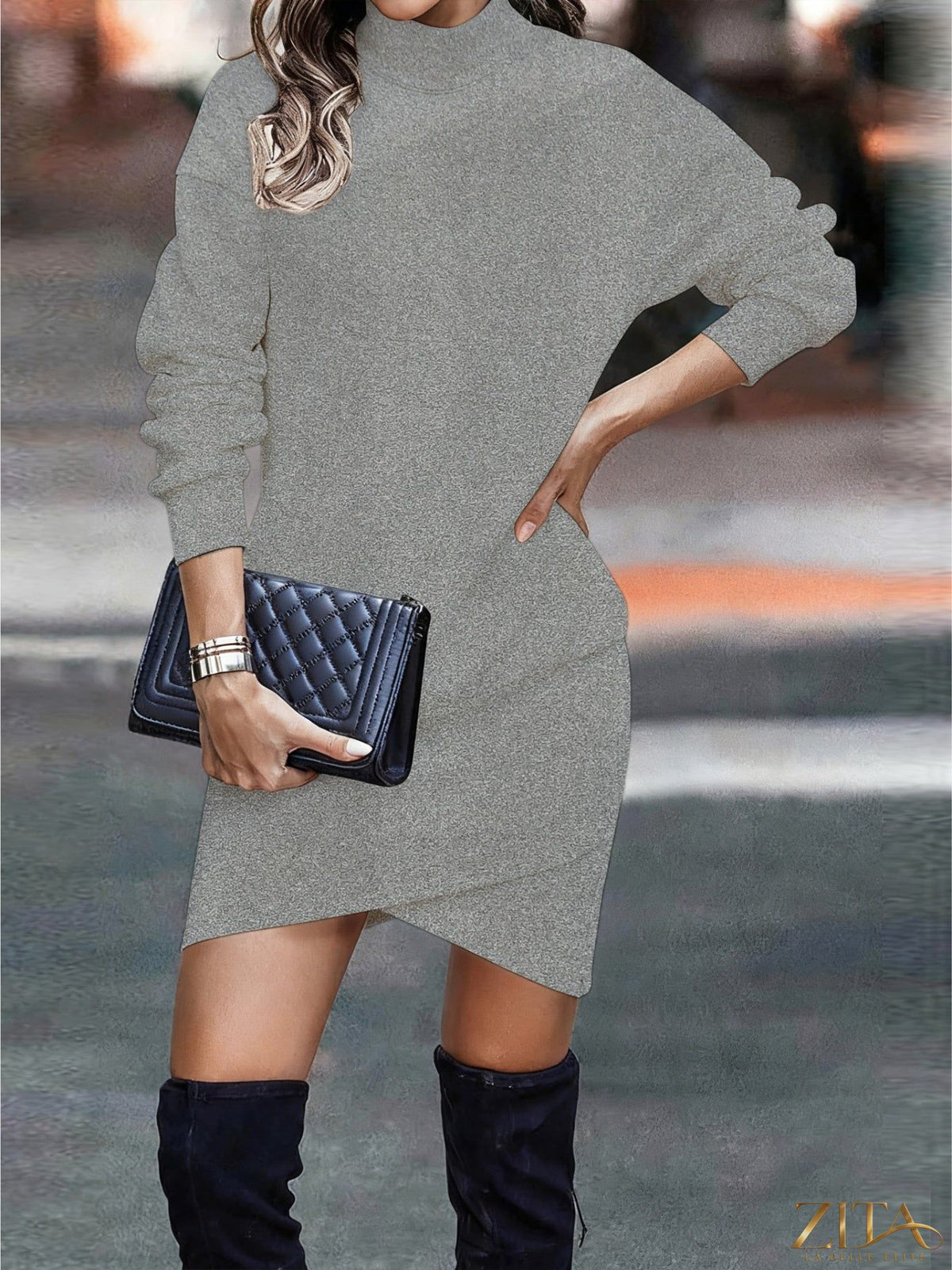 Trendsi turtleneck long sleeve asymmetrical hem mini dress in black, featuring a fitted silhouette and stylish design.