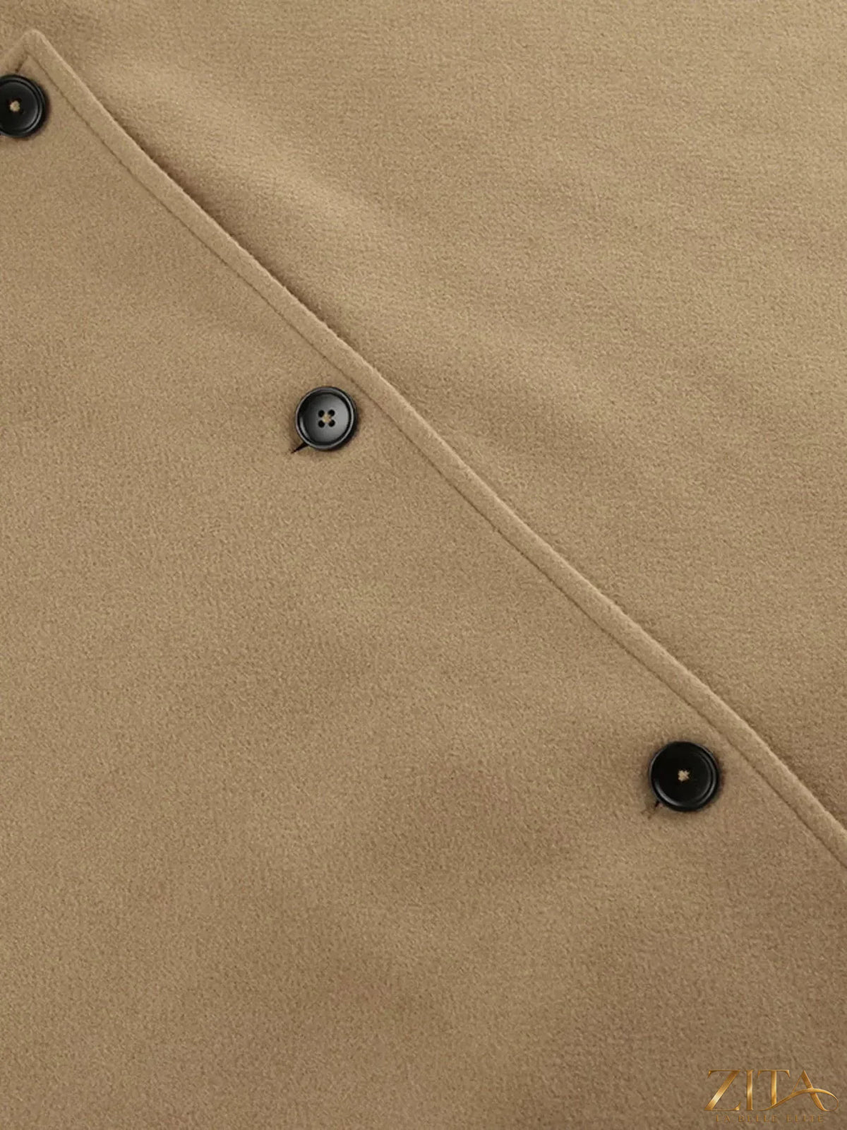 Zita La Belle Elite oversized lapel collar button-down coat in neutral fabric, stylish and warm outerwear for fall and winter.