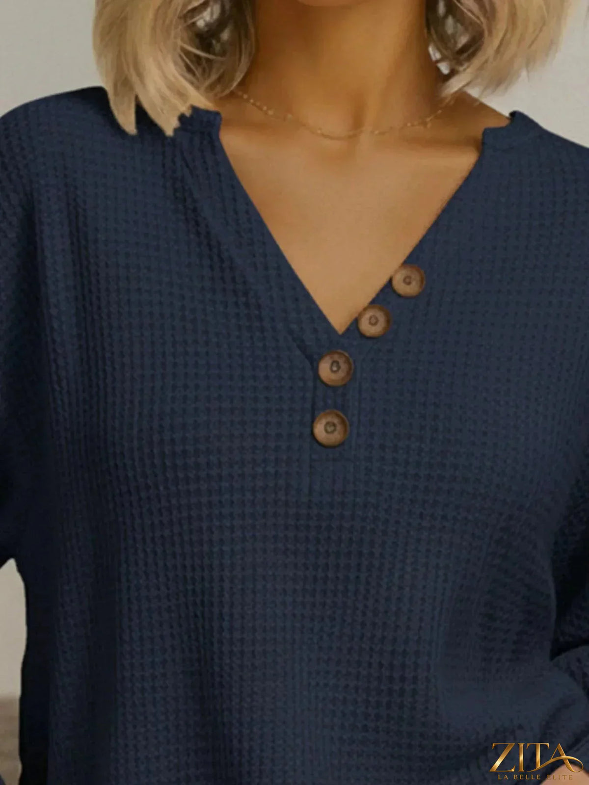 Plus size Zita La Belle Elite waffle knit V-neck long sleeve T-shirt with a casual, full-size fit and waffle texture.