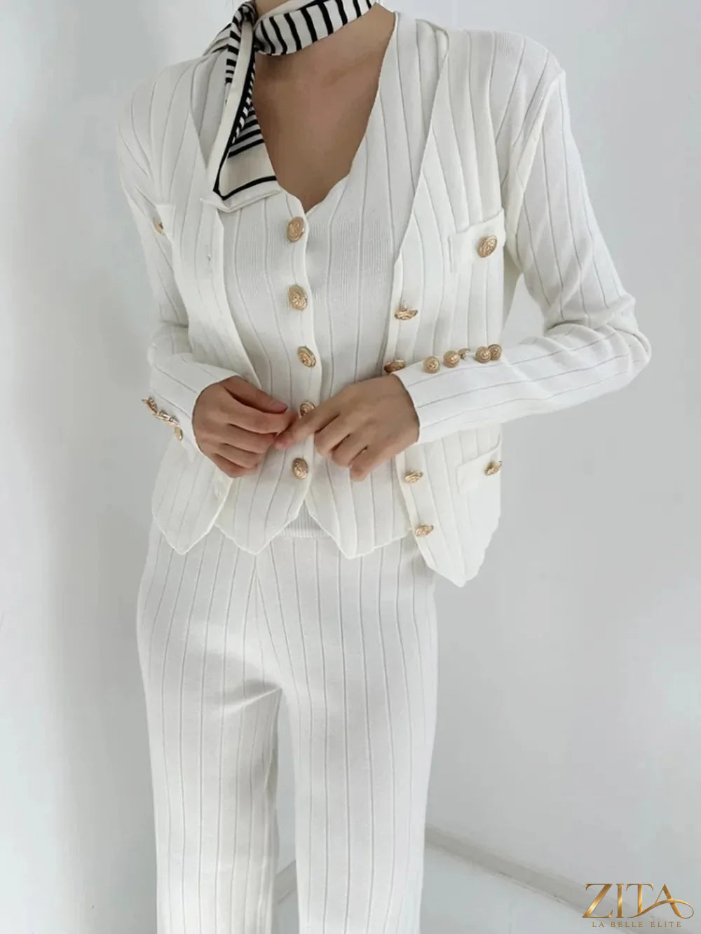 Zita La Belle Elite three-piece sweater set with v-neck tank, cardigan, and matching pants in soft knit fabric.