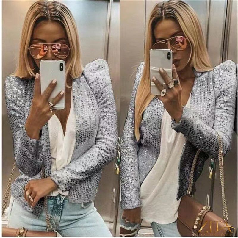 Women's colorblock sequin short jacket by Zita La Belle Elite featuring casual glam style with vibrant sequins and a chic fit.