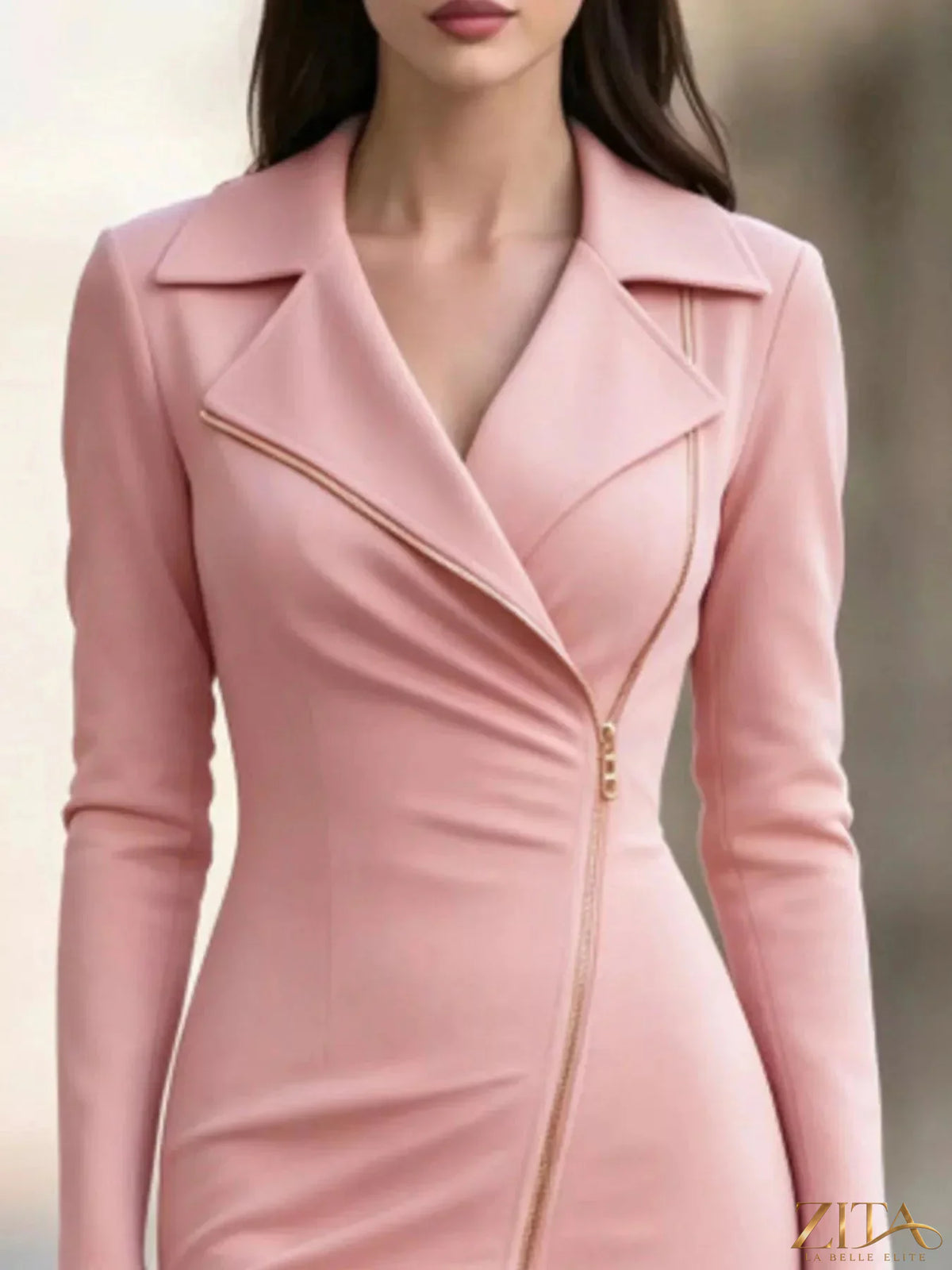 Elegant Zita La Belle Elite asymmetric zipper lapel bodycon midi dress displayed on a model, showcasing its stylish design and fit.
