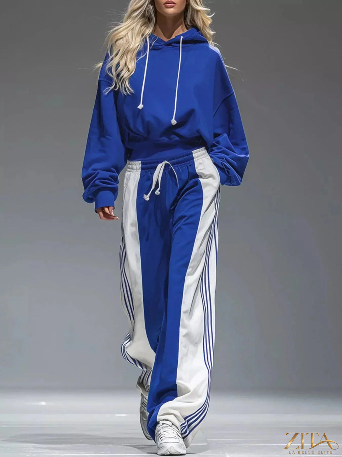 Zita La Belle Elite drawstring hoodie and color-block wide-leg pants set, featuring a casual, stylish loungewear look.