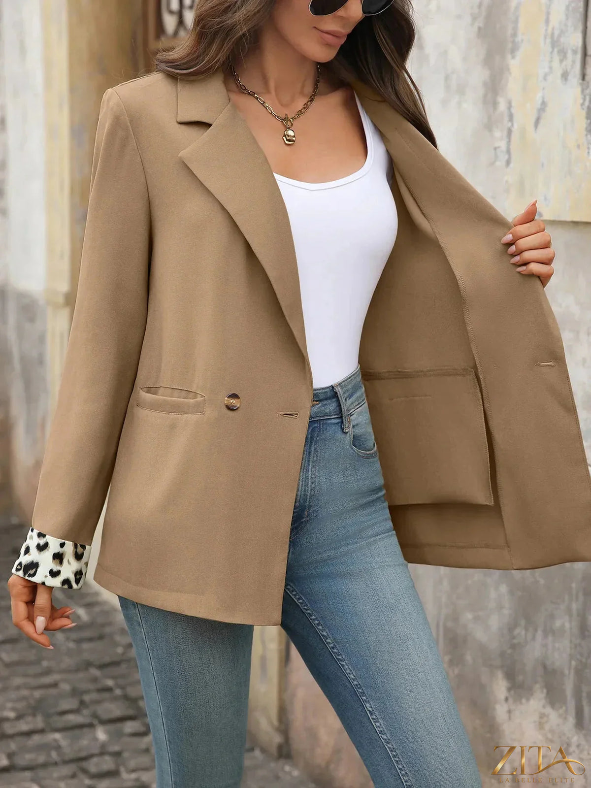 Zita La Belle Elite leopard print blazer with lapel collar, long sleeves, and cuff details, stylish women's fashion jacket.