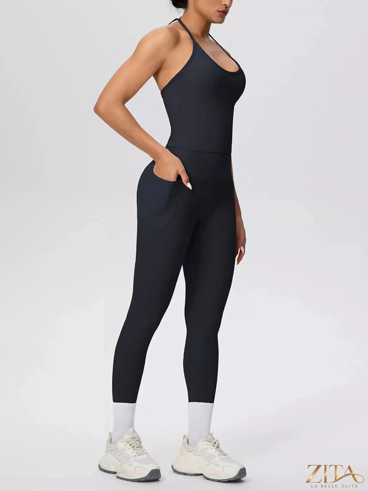 Zita La Belle Elite halter neck cami top with high-waisted leggings active set, shown in a stylish workout outfit.