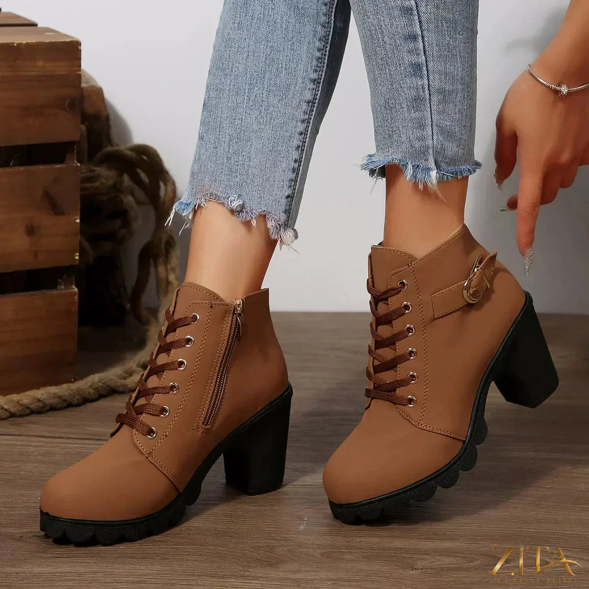 Zita La Belle Elite lace-up block heel boots with ankle-length design and stylish black leather exterior.