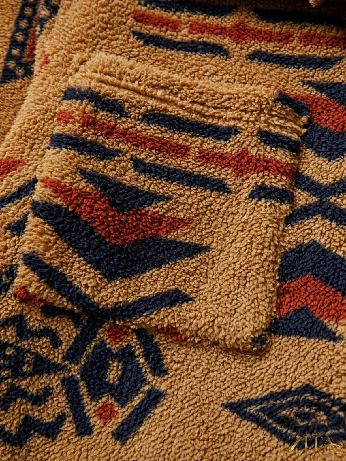 Zita La Belle Elite Western Aztec pattern fleece button-up shacket with earthy tones and geometric designs on soft fabric.