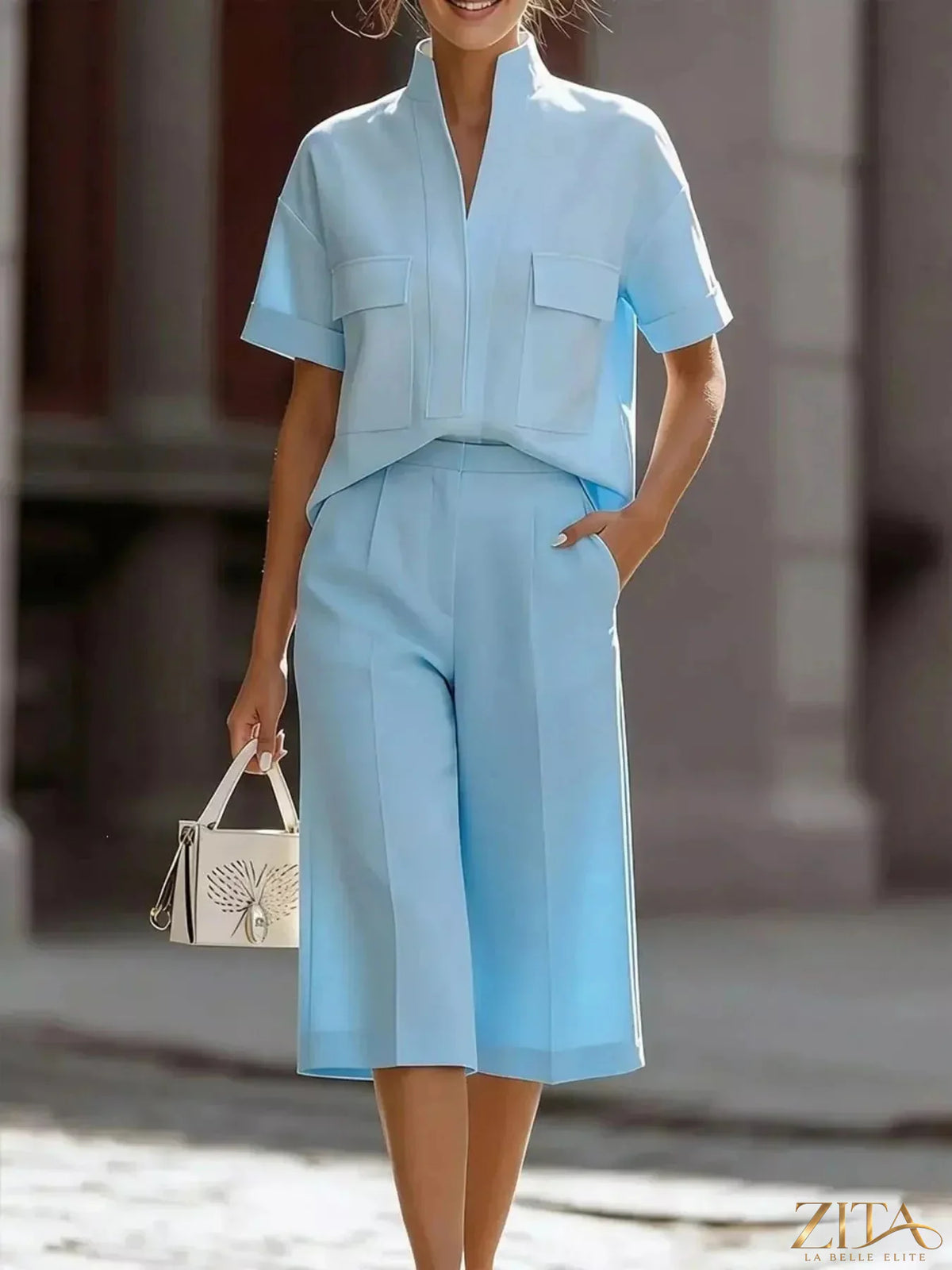 Plus size Zita La Belle Elite short sleeve top and wide-leg pants set, featuring a stylish, comfortable coordinated outfit.